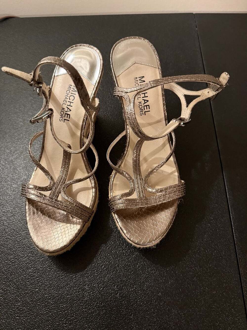 MICHAEL Michael Kors Gold Metallic Python Strappy Espadrille Wedge Sandals-8